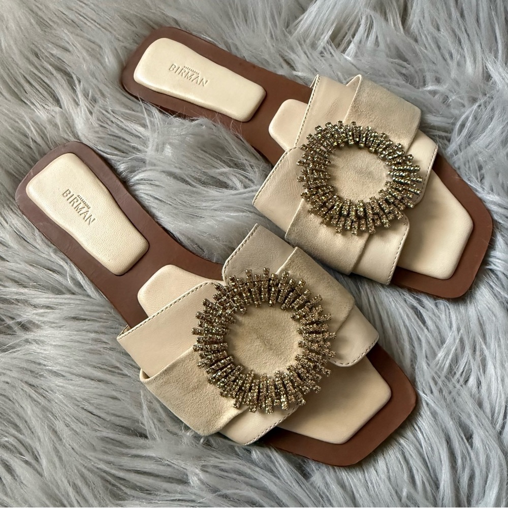 Alexandre Birman Cream Beaded Buckle Slide Sandals